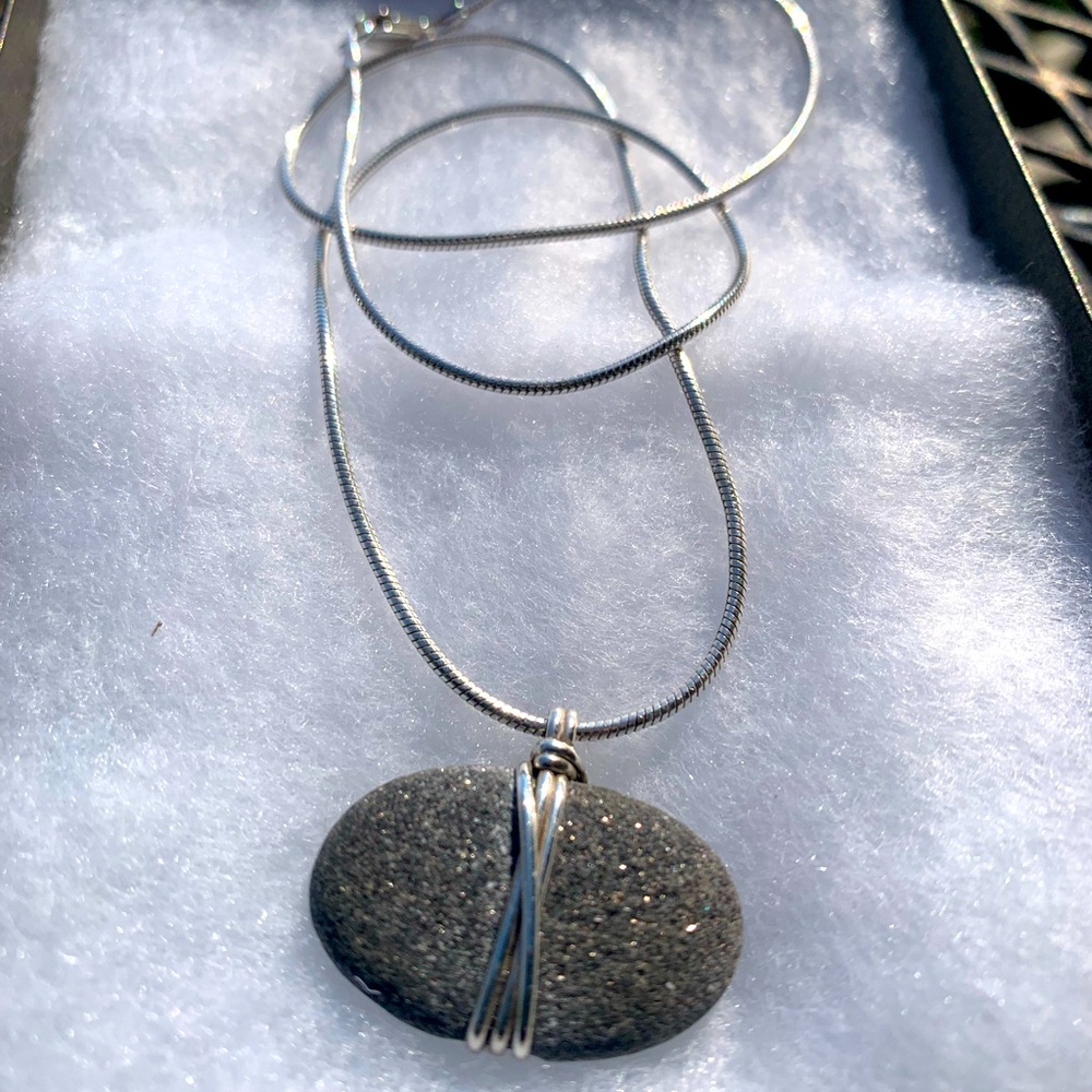 Handcrafted stone necklace with 16 inch silver round chain.